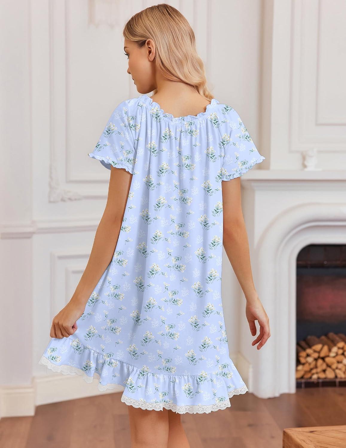 image:imageEkouaer Cotton Nightgowns for Women Vintage Victorian Night Gowns Short Sleeve Sleep Shirts Lace Sleep Dress Soft SleepwearFloral Blue
