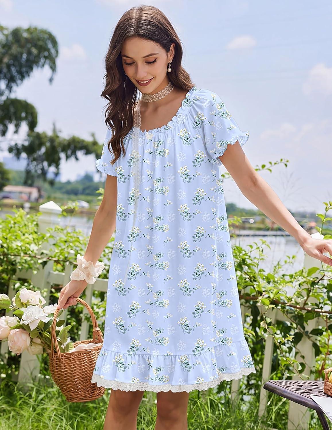 image:imageEkouaer Cotton Nightgowns for Women Vintage Victorian Night Gowns Short Sleeve Sleep Shirts Lace Sleep Dress Soft SleepwearFloral Blue