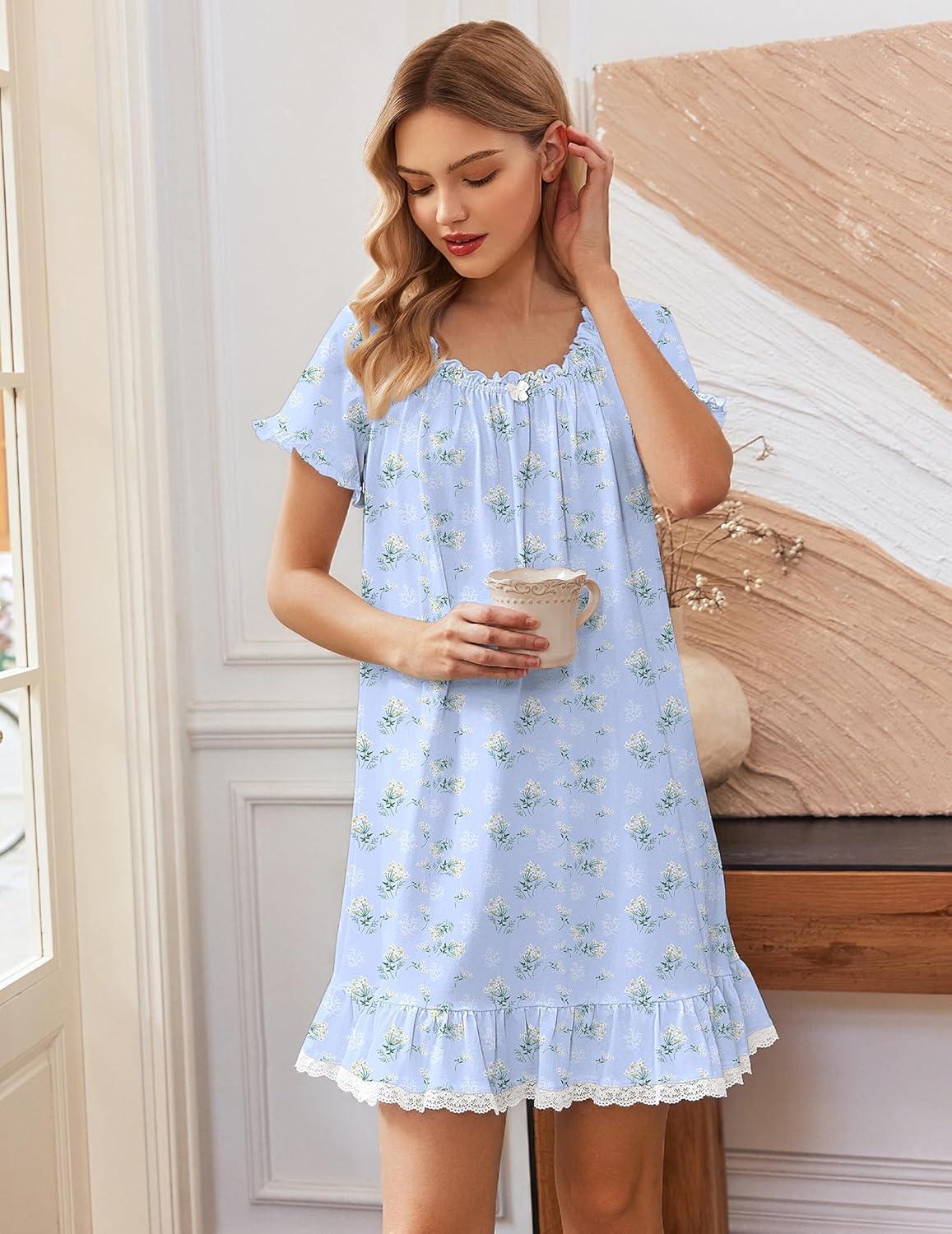 image:imageEkouaer Cotton Nightgowns for Women Vintage Victorian Night Gowns Short Sleeve Sleep Shirts Lace Sleep Dress Soft SleepwearFloral Blue