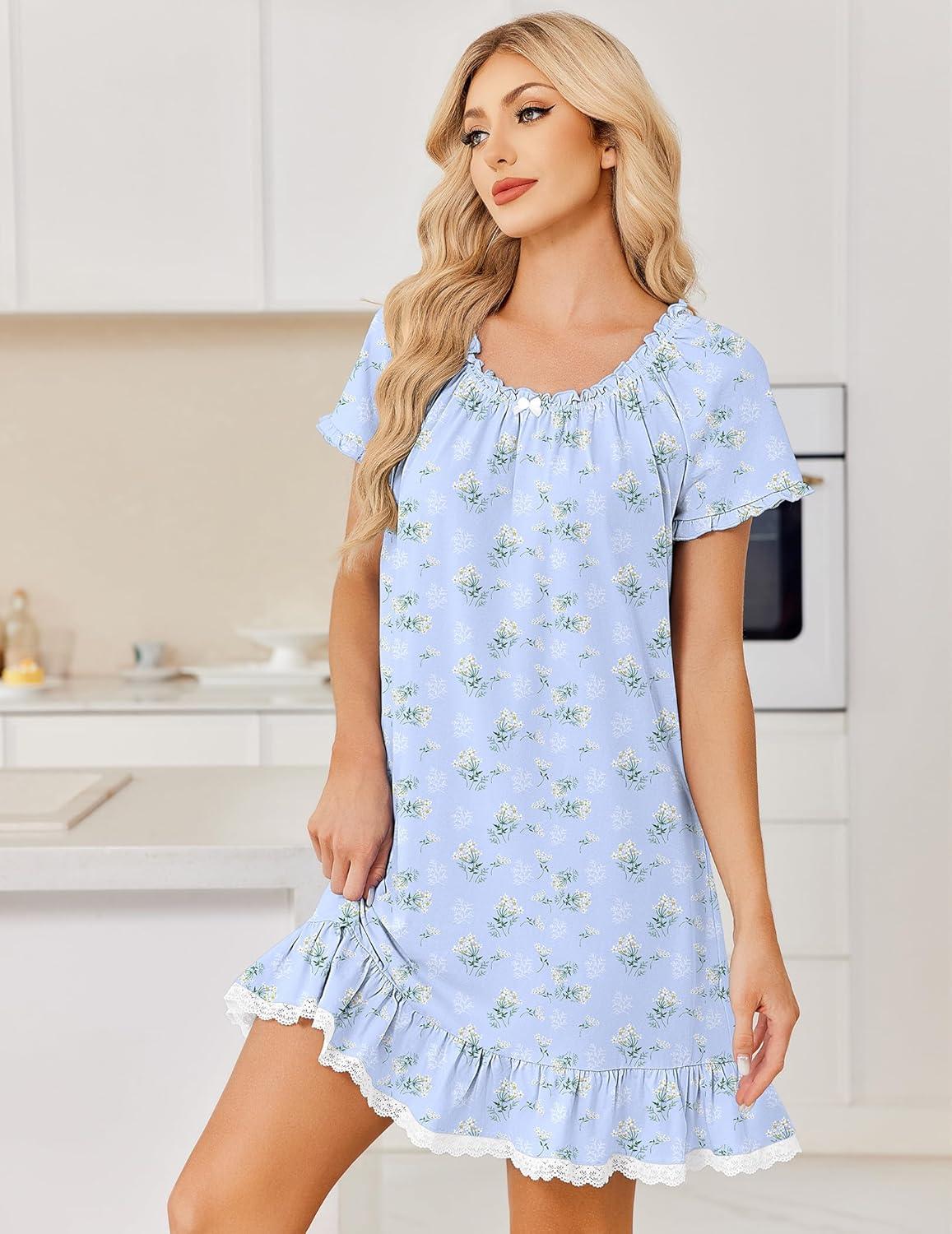 image:imageEkouaer Cotton Nightgowns for Women Vintage Victorian Night Gowns Short Sleeve Sleep Shirts Lace Sleep Dress Soft SleepwearFloral Blue