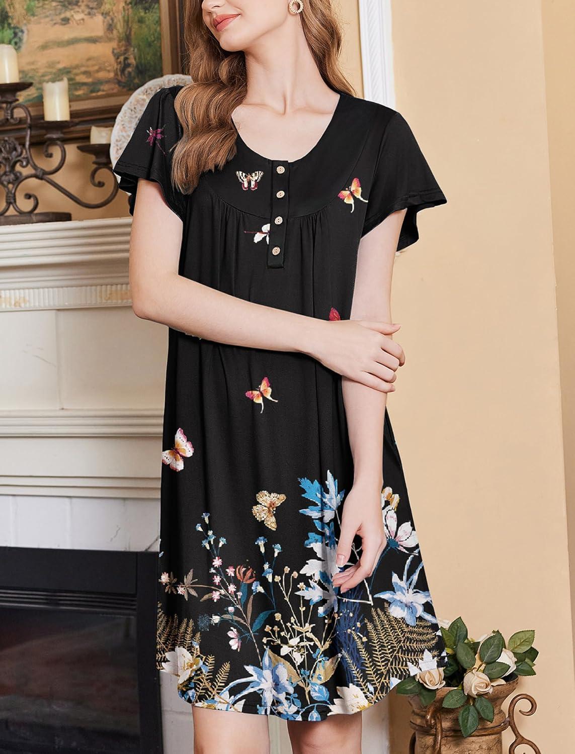 image:imageEkouaer House Dress for Women with Pockets Short Sleeve Moo Moos Plus Size Nightgowns Floral Print Mumu DressesColorful Butterfly Black
