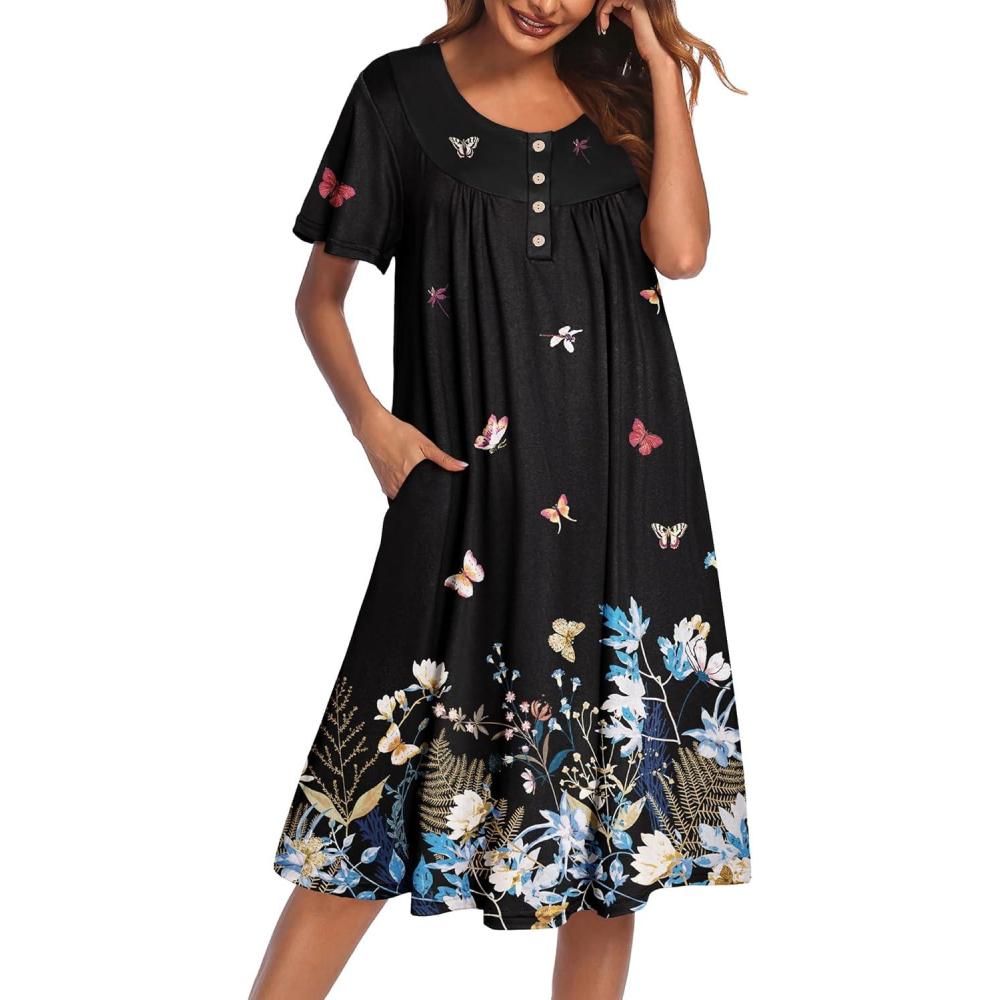 image:imageEkouaer House Dress for Women with Pockets Short Sleeve Moo Moos Plus Size Nightgowns Floral Print Mumu DressesColorful Butterfly Black