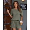 image:imageEkouaer Women 2 Piece Lounge Set 2026 Summer Cruise Outfits Ribbed Loose Short Sleeve Matching Sets with pocketTaupe Gray