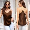 image:imageEkouaer Womens Satin Cami Tops 2 Pack V Neck Silk Camisole Tank Top Spaghetti Strap Racerback Camis Blouse ShirtBrownArtistic Blue