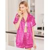 image:imageEkouaer Womens Silk Satin Pajama Sets Soft Short Sleeve Button Down Sleepwear Top and Shorts 2 Piece Pjs Lounge SetLeopard Hot Pink