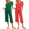 image:imageEkouaer 2 Pack Womens Pajamas Set Short Sleeve Sleepwear Capri Pants Pjs Soft Loungewear with PocketsGreenRed Christmas Print