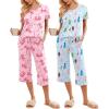 image:imageEkouaer 2 Pack Womens Pajamas Set Short Sleeve Sleepwear Capri Pants Pjs Soft Loungewear with PocketsPink BowWoman and Puppy
