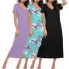 image:imageEkouaer Long Nightgowns for Women 3 Pack Night Gown Short Sleeve House Dress V Neck Lounge Dress Plus Size Sleep ShirtsBlackLilacGreen Flower