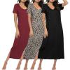 image:imageEkouaer Long Nightgowns for Women 3 Pack Night Gown Short Sleeve House Dress V Neck Lounge Dress Plus Size Sleep ShirtsBlackWine RedLeopard