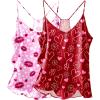 image:imageEkouaer Womens Satin Cami Tops 2 Pack V Neck Silk Camisole Tank Top Spaghetti Strap Racerback Camis Blouse ShirtPink Heart Kiss LipRed Heart