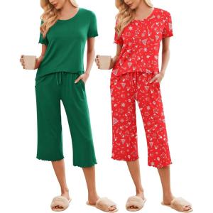 image:imageEkouaer 2 Pack Womens Pajamas Set Short Sleeve Sleepwear Capri Pants Pjs Soft Loungewear with PocketsGreenRed Christmas Print