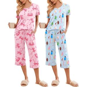 image:imageEkouaer 2 Pack Womens Pajamas Set Short Sleeve Sleepwear Capri Pants Pjs Soft Loungewear with PocketsPink BowWoman and Puppy