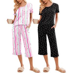 image:imageEkouaer 2 Pack Womens Pajamas Set Short Sleeve Sleepwear Capri Pants Pjs Soft Loungewear with PocketsPink CurveBlack Bow