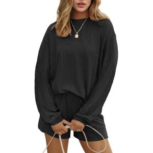 image:imageEkouaer 2 Pieces Lounge Set for Women Long Sleeve Pajamas Top and Shorts Matching Sets Outfits with PocketsBlack