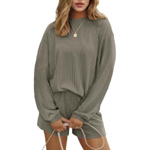image:imageEkouaer 2 Pieces Lounge Set for Women Long Sleeve Pajamas Top and Shorts Matching Sets Outfits with PocketsBrown