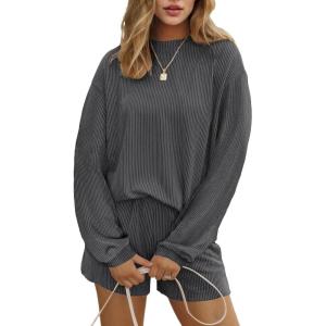 image:imageEkouaer 2 Pieces Lounge Set for Women Long Sleeve Pajamas Top and Shorts Matching Sets Outfits with PocketsDeep Grey