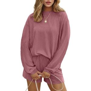 image:imageEkouaer 2 Pieces Lounge Set for Women Long Sleeve Pajamas Top and Shorts Matching Sets Outfits with PocketsDeep Pink