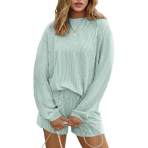 image:imageEkouaer 2 Pieces Lounge Set for Women Long Sleeve Pajamas Top and Shorts Matching Sets Outfits with PocketsIce Green