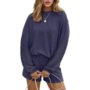 image:imageEkouaer 2 Pieces Lounge Set for Women Long Sleeve Pajamas Top and Shorts Matching Sets Outfits with PocketsNavy Blue