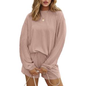 image:imageEkouaer 2 Pieces Lounge Set for Women Long Sleeve Pajamas Top and Shorts Matching Sets Outfits with PocketsPink