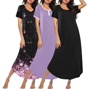 image:imageEkouaer 3 Pack Long Nightgowns for Women Plus Size Moo Moos Short Sleeve House Dress Button Night Gown Soft Sleepwear S5XLBlack FloralLight PurpleBlack