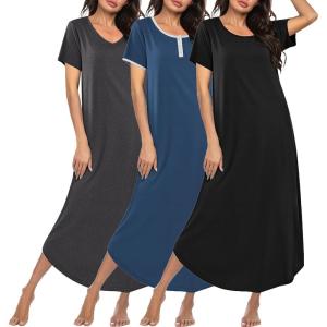 image:imageEkouaer 3 Pack Long Nightgowns for Women Plus Size Moo Moos Short Sleeve House Dress Button Night Gown Soft Sleepwear S5XLDark GreyBlueBlack