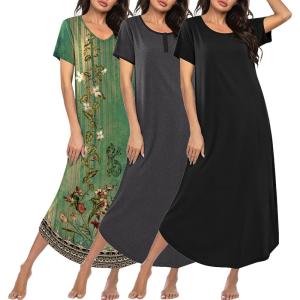 image:imageEkouaer 3 Pack Long Nightgowns for Women Plus Size Moo Moos Short Sleeve House Dress Button Night Gown Soft Sleepwear S5XLGreen FloralDark GreyBlack