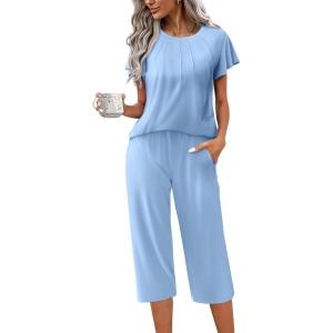 image:imageEkouaer Capri Pajamas Set Womens Ruffle Sleeve Top and Capri Pants Soft Sleepwear Loungewear with PocketsBaby Blue