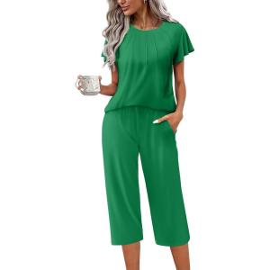 image:imageEkouaer Capri Pajamas Set Womens Ruffle Sleeve Top and Capri Pants Soft Sleepwear Loungewear with PocketsGreen