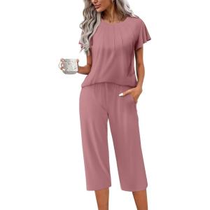 image:imageEkouaer Capri Pajamas Set Womens Ruffle Sleeve Top and Capri Pants Soft Sleepwear Loungewear with PocketsPale Violet Red