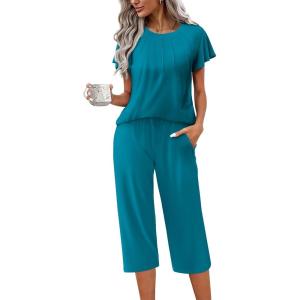 image:imageEkouaer Capri Pajamas Set Womens Ruffle Sleeve Top and Capri Pants Soft Sleepwear Loungewear with PocketsPeacock Blue