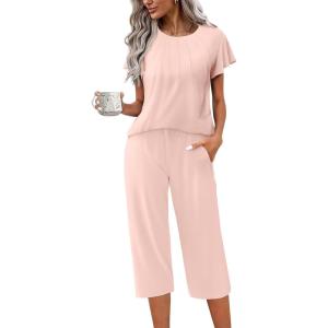 image:imageEkouaer Capri Pajamas Set Womens Ruffle Sleeve Top and Capri Pants Soft Sleepwear Loungewear with PocketsPink