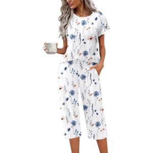 image:imageEkouaer Capri Pajamas Set Womens Ruffle Sleeve Top and Capri Pants Soft Sleepwear Loungewear with PocketsWhite Floral