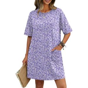 image:imageEkouaer Cotton Nightgowns for Women Short Sleeve Sleep Shirts Crew Neck Night Dress Nightshirt with Pockets S2XLPurple
