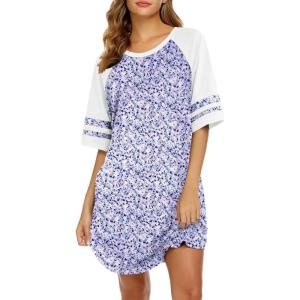 image:imageEkouaer Cotton Nightgowns for Women Short Sleeve Sleep Shirts Crew Neck Night Shirts Soft Color Block Night GownFloral Purple