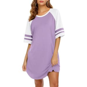 image:imageEkouaer Cotton Nightgowns for Women Short Sleeve Sleep Shirts Crew Neck Night Shirts Soft Color Block Night GownLight Purple