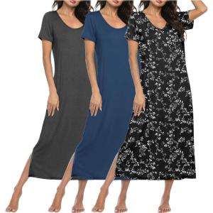 image:imageEkouaer Long Nightgowns for Women 3 Pack Night Gown Short Sleeve House Dress V Neck Lounge Dress Plus Size Sleep ShirtsBlack FloralGreyBlue