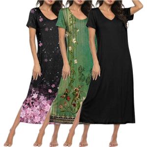 image:imageEkouaer Long Nightgowns for Women 3 Pack Night Gown Short Sleeve House Dress V Neck Lounge Dress Plus Size Sleep ShirtsBlackBlack Pink FloralGreen Floral