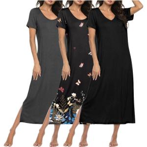 image:imageEkouaer Long Nightgowns for Women 3 Pack Night Gown Short Sleeve House Dress V Neck Lounge Dress Plus Size Sleep ShirtsBlackGreyBlack Butterfly