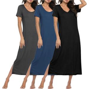 image:imageEkouaer Long Nightgowns for Women 3 Pack Night Gown Short Sleeve House Dress V Neck Lounge Dress Plus Size Sleep ShirtsBlackGreyBlue