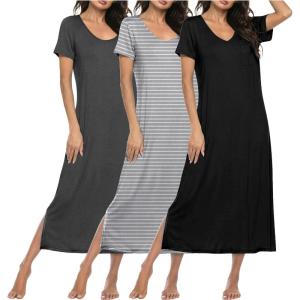 image:imageEkouaer Long Nightgowns for Women 3 Pack Night Gown Short Sleeve House Dress V Neck Lounge Dress Plus Size Sleep ShirtsBlackGreyGrey Stripe
