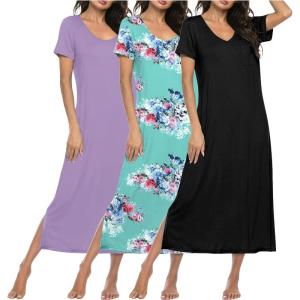 image:imageEkouaer Long Nightgowns for Women 3 Pack Night Gown Short Sleeve House Dress V Neck Lounge Dress Plus Size Sleep ShirtsBlackLilacGreen Flower