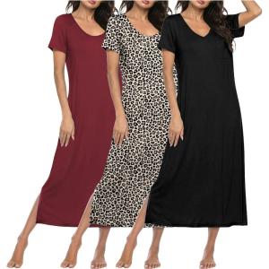 image:imageEkouaer Long Nightgowns for Women 3 Pack Night Gown Short Sleeve House Dress V Neck Lounge Dress Plus Size Sleep ShirtsBlackWine RedLeopard