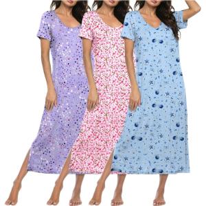 image:imageEkouaer Long Nightgowns for Women 3 Pack Night Gown Short Sleeve House Dress V Neck Lounge Dress Plus Size Sleep ShirtsBlue Moon StarPurple StarPink Floral