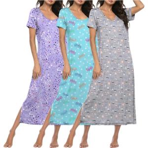 image:imageEkouaer Long Nightgowns for Women 3 Pack Night Gown Short Sleeve House Dress V Neck Lounge Dress Plus Size Sleep ShirtsGrey CoffeePurple StarBlue Butterfly