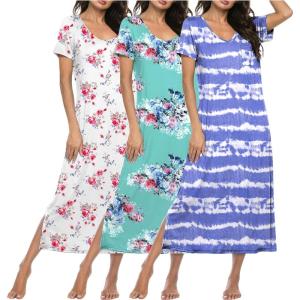 image:imageEkouaer Long Nightgowns for Women 3 Pack Night Gown Short Sleeve House Dress V Neck Lounge Dress Plus Size Sleep ShirtsTie Dye BlueWhite FloralGreen Flower