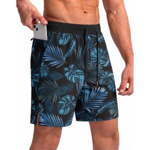 image:imageEkouaer Mens 7 Swim Trunks Swimwear Zip Pockets Beach Board Shorts Bathing Suits with Mesh LiningZ Black Blue Leaf