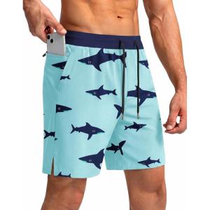 image:imageEkouaer Mens 7 Swim Trunks Swimwear Zip Pockets Beach Board Shorts Bathing Suits with Mesh LiningZ Green Shark