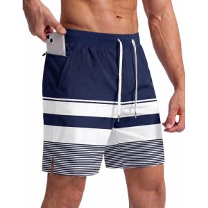 image:imageEkouaer Mens 7 Swim Trunks Swimwear Zip Pockets Beach Board Shorts Bathing Suits with Mesh LiningZ Stripes Navy White