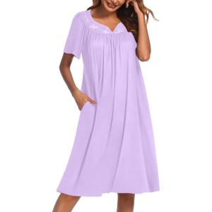 image:imageEkouaer Moo Moos for Women House Dress With Pockets Cotton Nightgowns Short Sleeve Night gowns Embroidered Mumu DressLight Purple